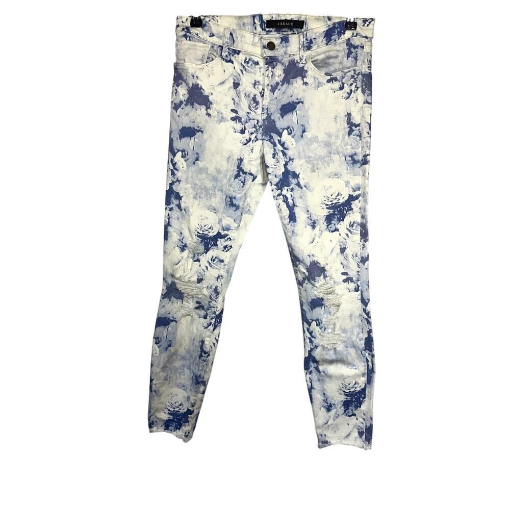 J BRAND Women's Skinny Crop Demented Blue Floret Print Distressed Jeans Size 29